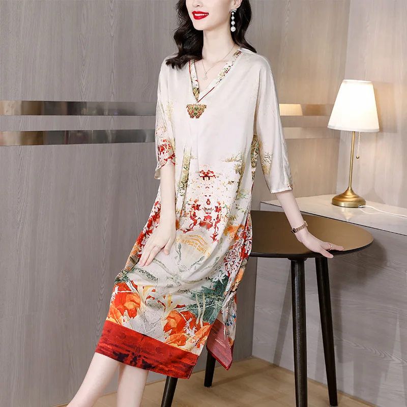 

2022 chinese style traditional cheongsam dress printing women graceful dress vintage party dress improved qipao dress q235