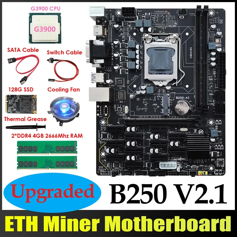 

AU42 -B250 ETH Miner Motherboard 12PCIE+G3900 CPU+2XDDR4 4GB RAM+128G MSATA SSD+Fan+SATA Cable+Switch Cable+Thermal Grease