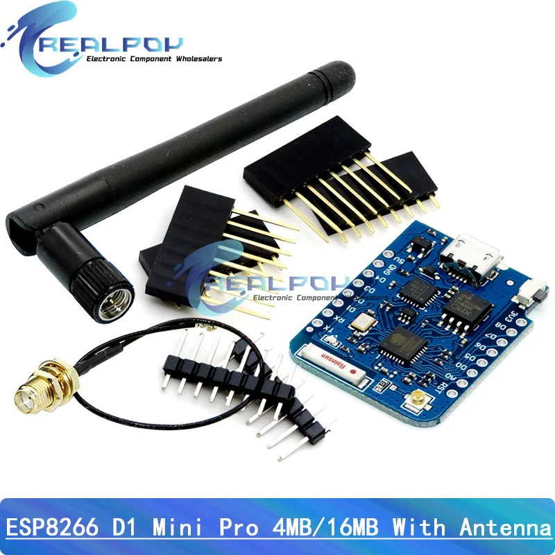 Фото Внешний антенный разъем WEMOS D1 Mini Pro 4 м 16 м на основе NodeMCU ESP8266 CP2104 CH9102 WIFI макетная плата + антенна №1