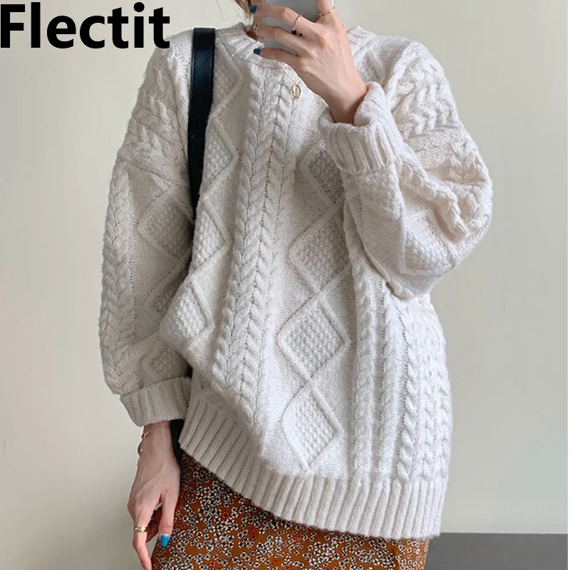 

Flectit Chunky Cable Knit Sweater Women's Cozy Oversized Crew Neck Jumper Autumn Winter Vintage Outfit