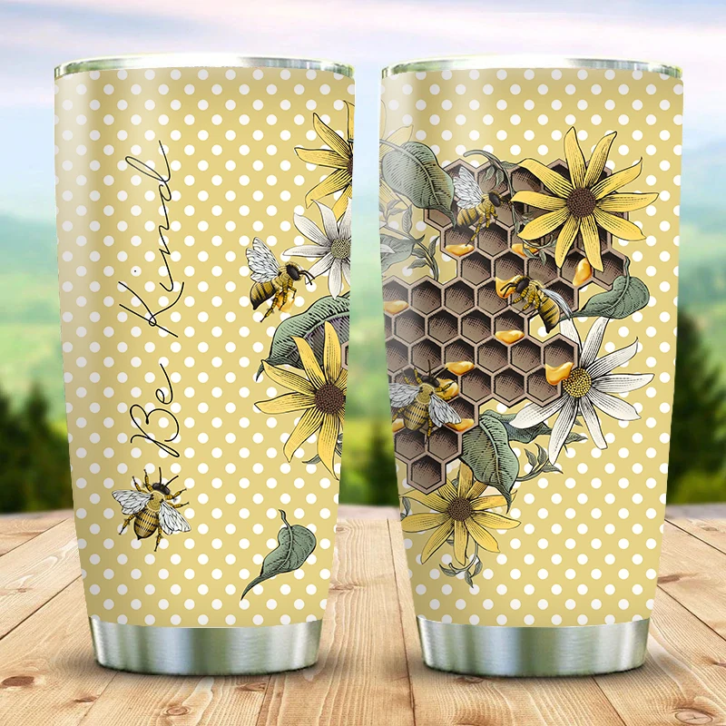

Double- layer Stainless Steel Coffee Mugs Car Thermos Water Bottle Bee Pattern 20oz Leak-Proof Travel Thermo Cup With Lids
