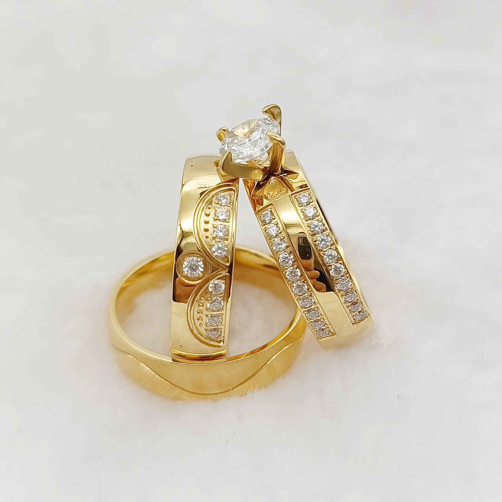 

3pcs Bridal Promise Wedding Engagement Rings Sets For Couples Crown Love Alliance 24k Gold Plated Jewelry Anelli Donna