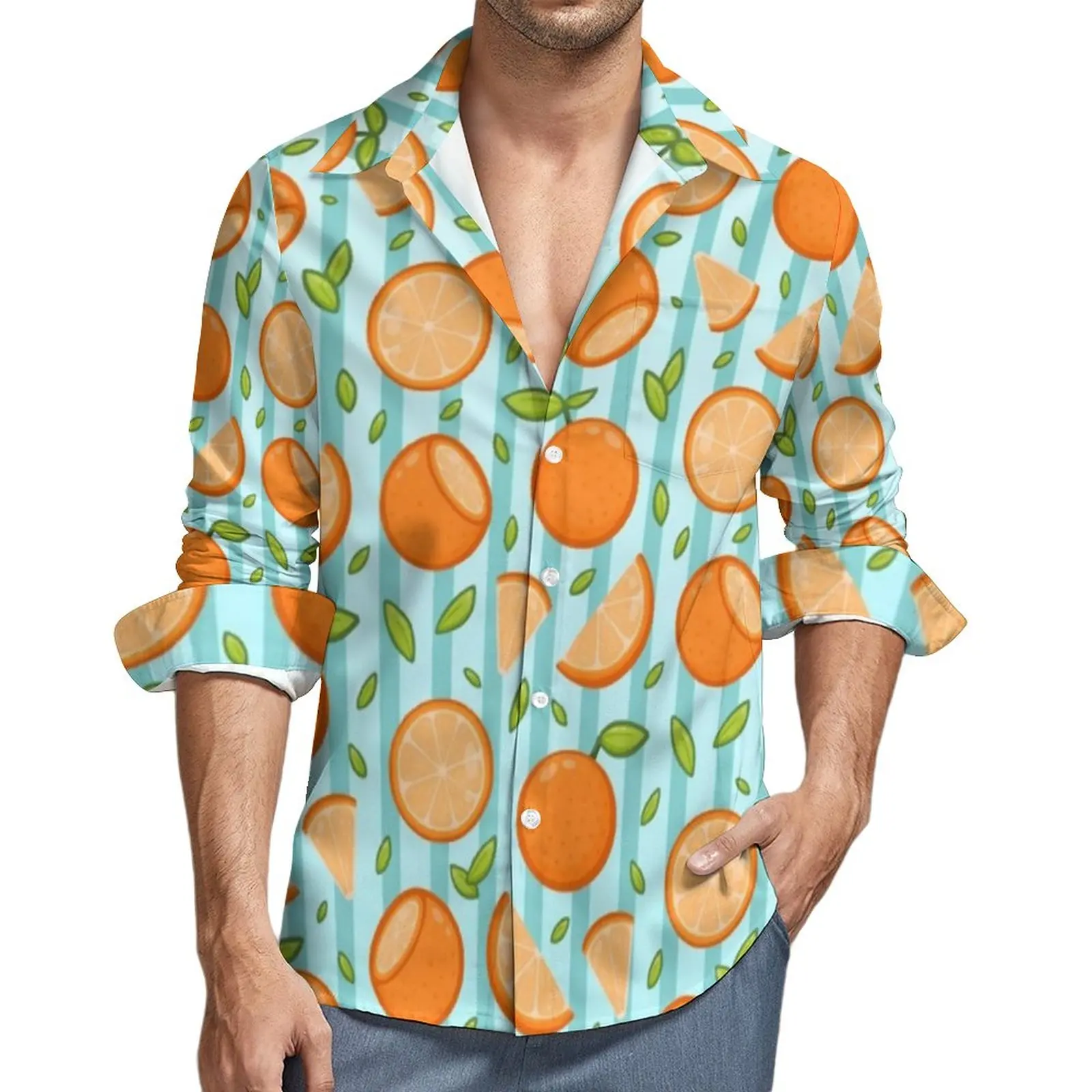 

Orange Oranges Shirt Cartoon Fruit Print Casual Shirts Long Sleeve Graphic Street Blouses Spring Trending Oversize Clothing