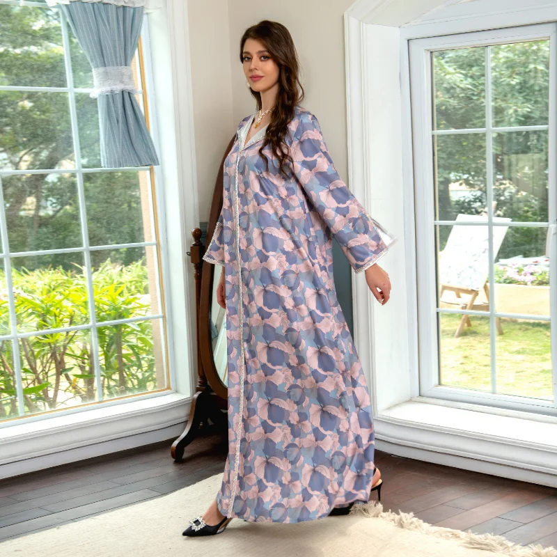 Abaya Dress for Women Chic Ethnic Twist Rhinestone Tape V Neck Long Sleeve Arab Moroccan Caftan Dubai Jalabiya Summer