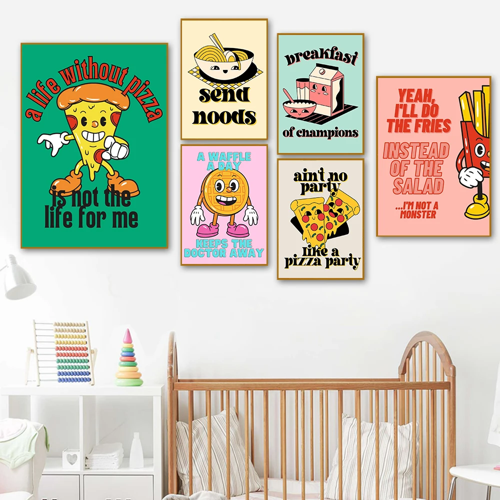 

Cartoon Food Pizza Spaghetti Fries Kitchen Wall Art Canvas Painting Room Home Decor Abstract Smiley Nursery Canteen Poster Print