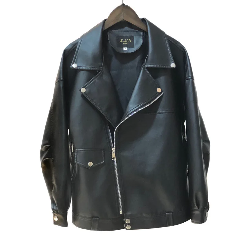 DUOFAN Faux Leather Jackets Woman Casual PU Motorcycle Black Coats Lapel Loose Ladies White Outerwear Jacket