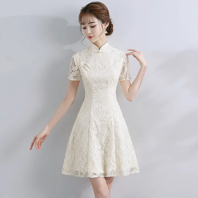 

Chinese Style Mandarin Collar Cheongsam Women's Champagne Lace Qipao Vintage Sexy Short Sleeve Party Dress Vestidos