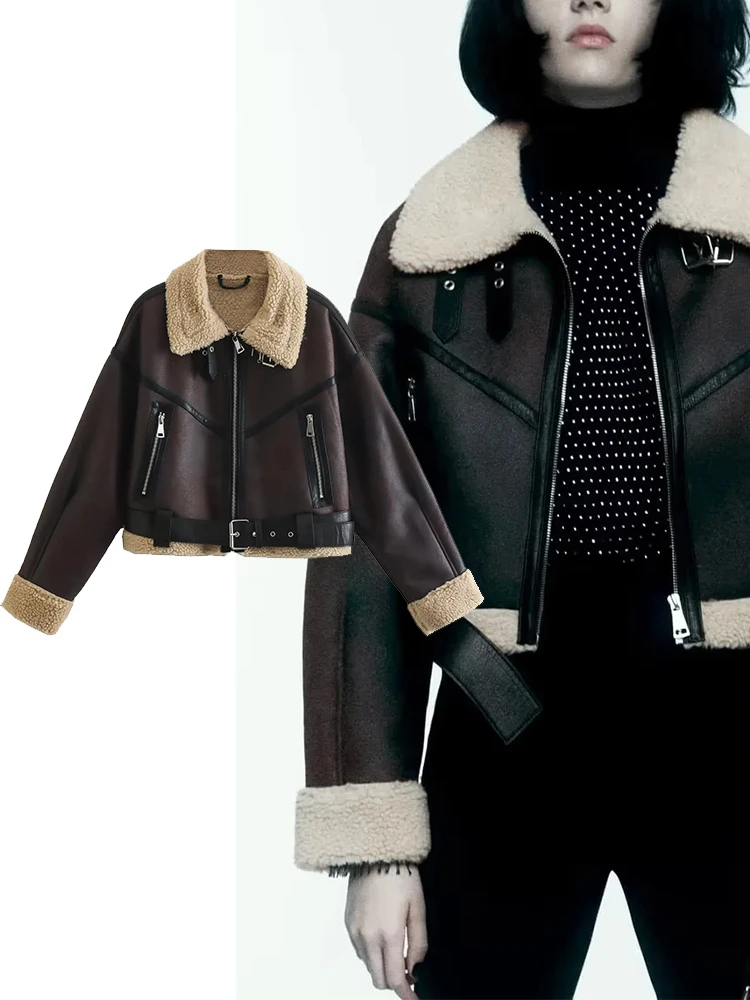 

TRAF Women Fashion PU Leather Double Sided Short Jackets Coat Vintage Long Sleeve Flap Pockets Female Outerwear Chic Tops