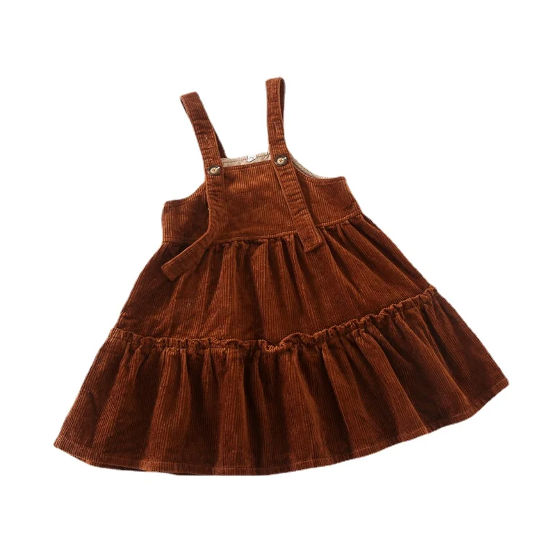 

12M To 6 Years, Girls Autumn Midi Dress Children Clothes Baby Kids Princess Corduroy Suspender Dress Ruffles Jumper,#6448