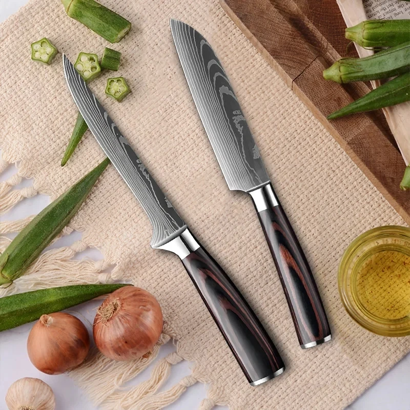 Набор Кухонных Ножей Из 3 Предметов Нержавеющая Сталь 7CR17 440C Лазерный Дамасский