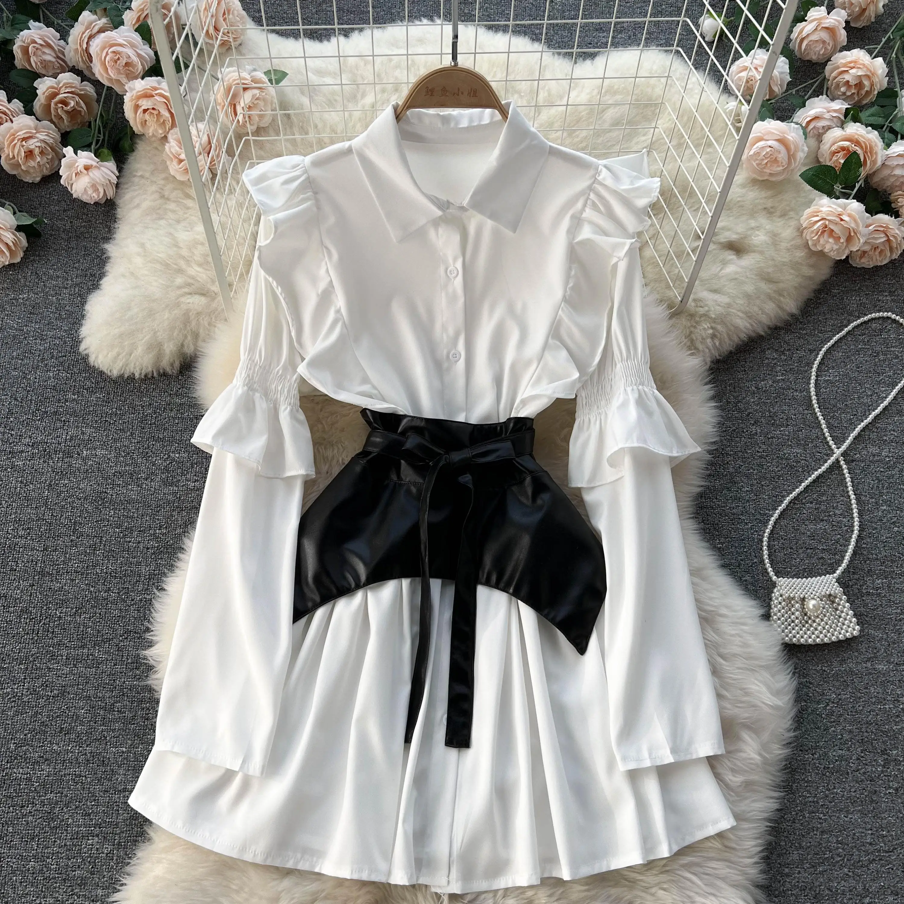 

Fashion Women Mini Shirt Dress 2022 Spring Long Sleeve Solid Ladies Chic Korean Dress Ruffle Pu Sashes Vestidos Streetwear Dress