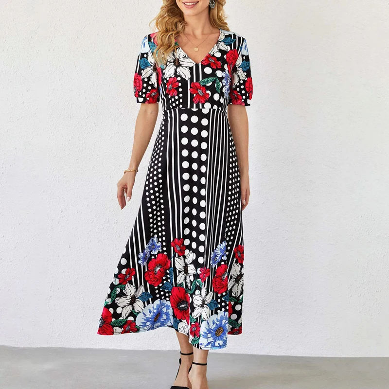 

Женское длинное платье с цветочным принтом, в горошек, с V-образным вырезом