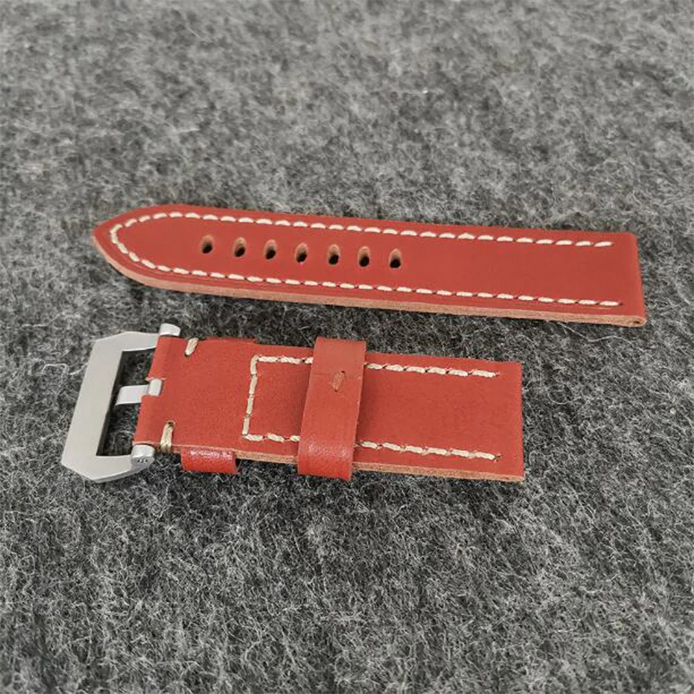 

New Watch Strap Fashionable Simple 24MM Red Brown Leather Band Stainless Steel Pin Buckle Smart Bracelet Sports Watchband