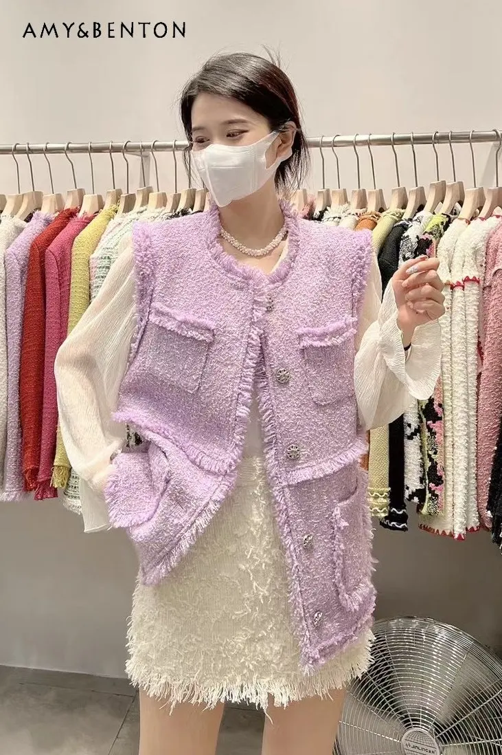 

Elegant Vest Coat for Women Autumn New Fashionable Frayed Hem Bright Silk Woven Outerwear Cover-up Vest Top Jacket for Ladies