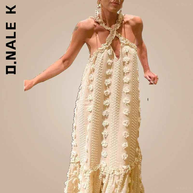 

D.Nale K Fashion Ruffle Beach Long Robe Sleeveless Halter Maxi Summer Dress For Women 2022 Elegant Slip Hollow Out Sundress