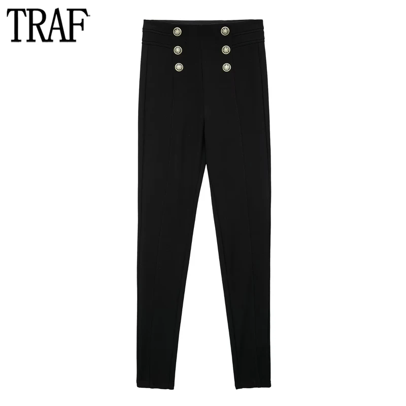 

TRAF Black Pencil Pants Women Leggings High Waist Pants for Women Fall Streetwear Pants Women Legging Gold Button Woman Trousers