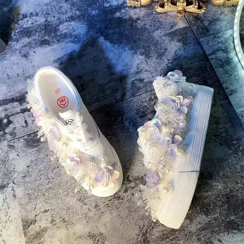 

Handmade custom canvas shoes summer rhinestone thick sole inside increase small white shoes casual large size women 35-44