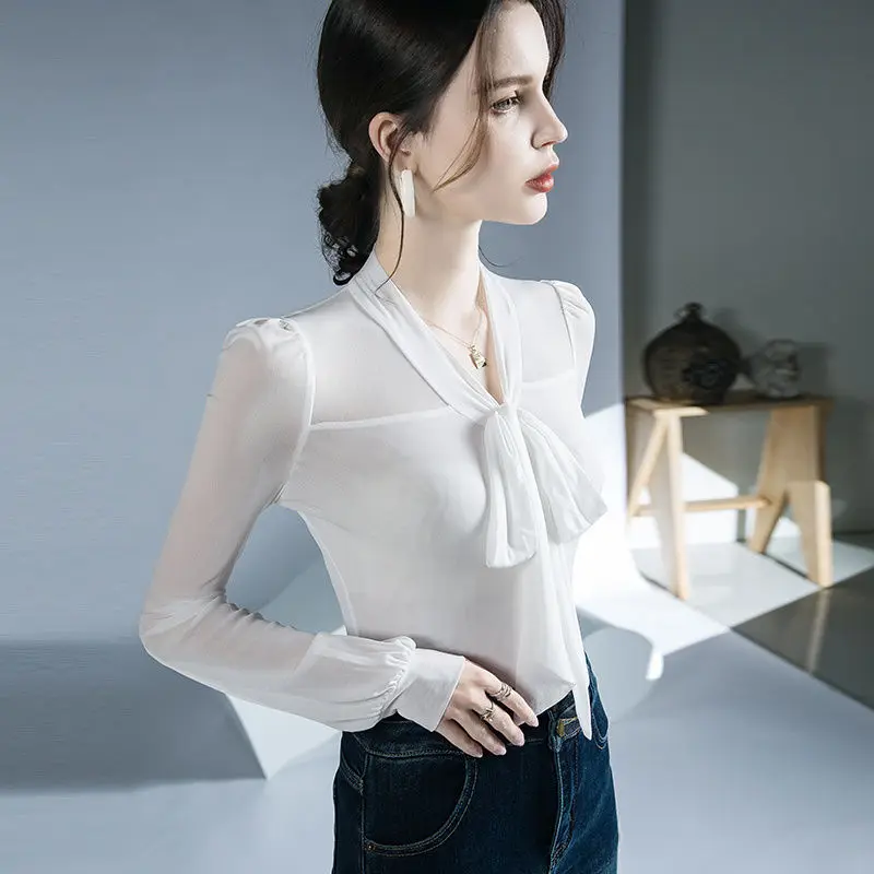 

Spring New Bow Slim Solid Color Bottoming Shirt Long Sleeve Patchwork T Shirt Tops Elegant Fashion Women Clothing