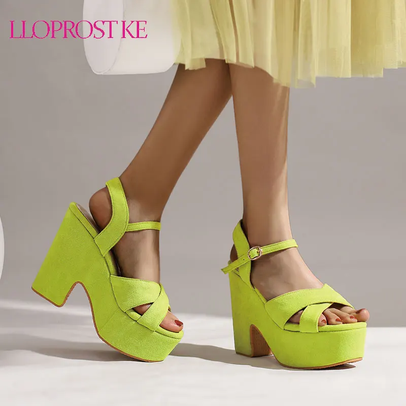 

Lloprost ke Women's Gladiator Sandals Platform Shoes Sexy Punk Heels Sandals Flock Summer Shoes Green Rosy Party Shoes Female