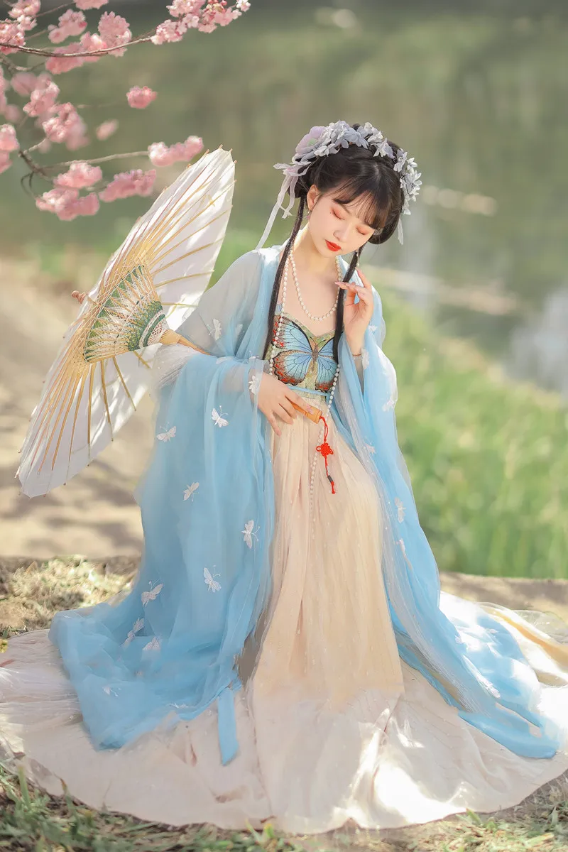 Женская летняя рубашка с длинным рукавом голубая юбка в стиле ханьфу весна-лето