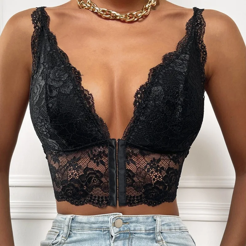 

CHRONSTYLE Lace Deep V-neck Front Buttons Up Tank Tube Tops Cropped 2022 Sexy Women Floral Summer Slim Bustiers Corsets Clubwear