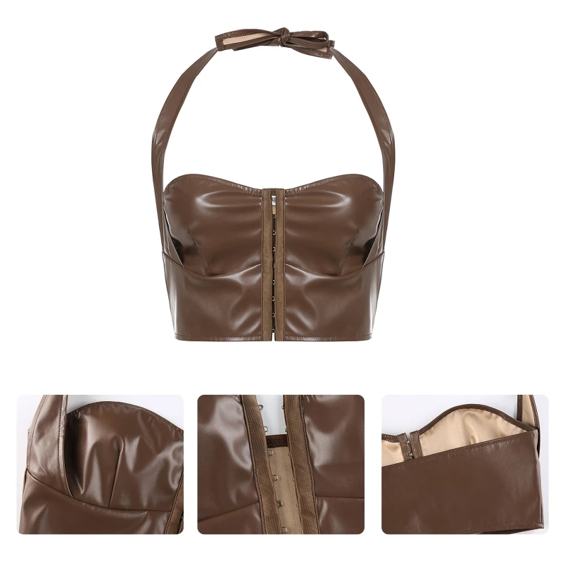 

Женская блузка с лямкой на шее, уличная одежда, майка, сексуальный коричневый кроп-топ для вечерние, ночного клуба, шоу, топ с глубоким вырезом U4LF