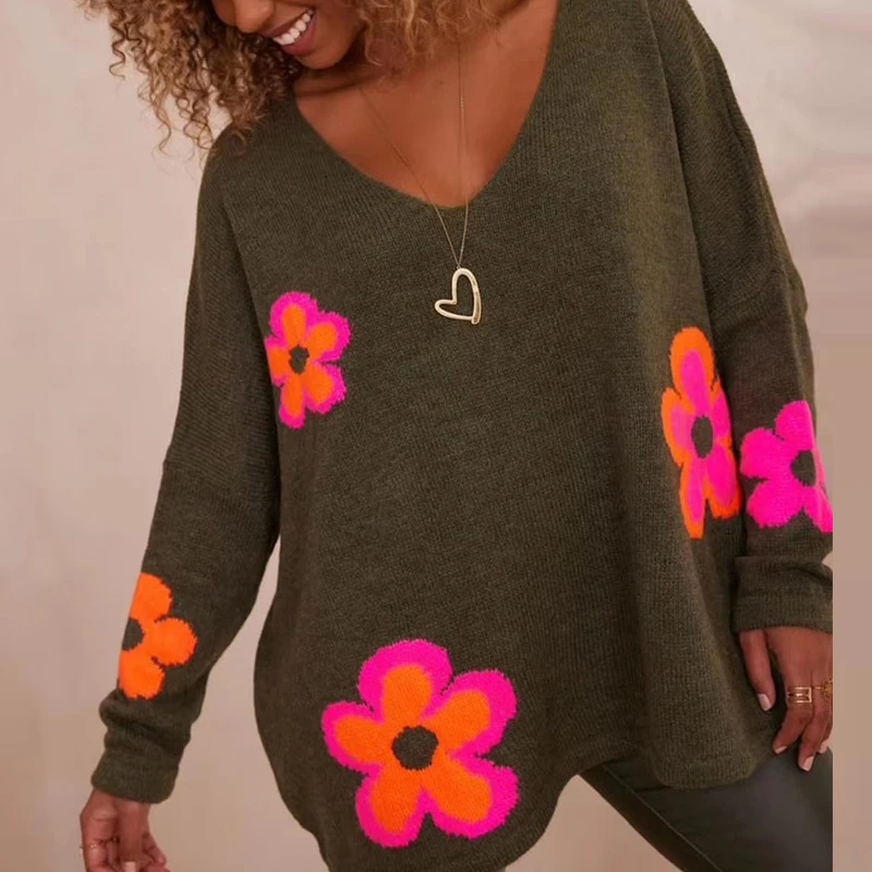 

Женский Повседневный свитер с цветочным принтом, Модный трикотажный пуловер с длинным рукавом и V-образным вырезом, элегантная Свободная трикотажная одежда для улицы на зиму
