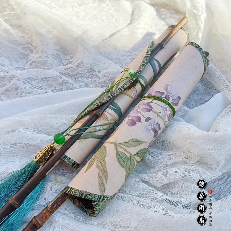 

Ancient Style Roll Waist Fan Wisteria Flower Orchid Ancient Painting Long Handle Foldable Rotating Black Bamboo Circular Fan