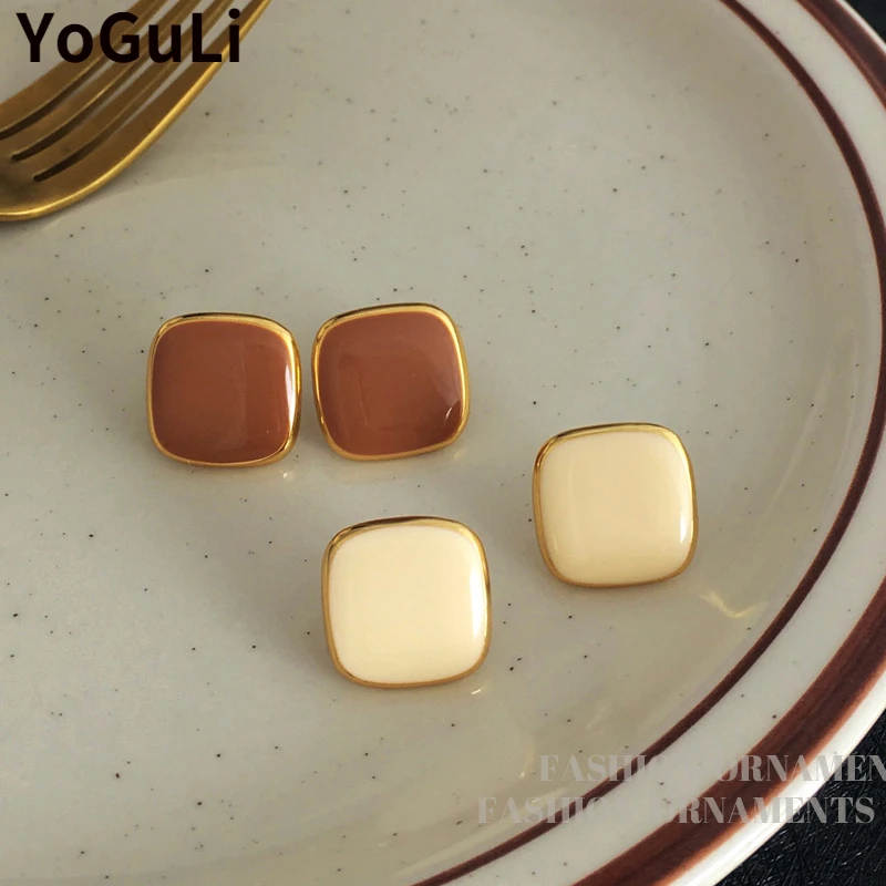 

Retro Jewelry 925 Silver Needle Cream Brown Earrings Hot Sale Vintage Temperament Square Stud Earrings For Women Party Gifts
