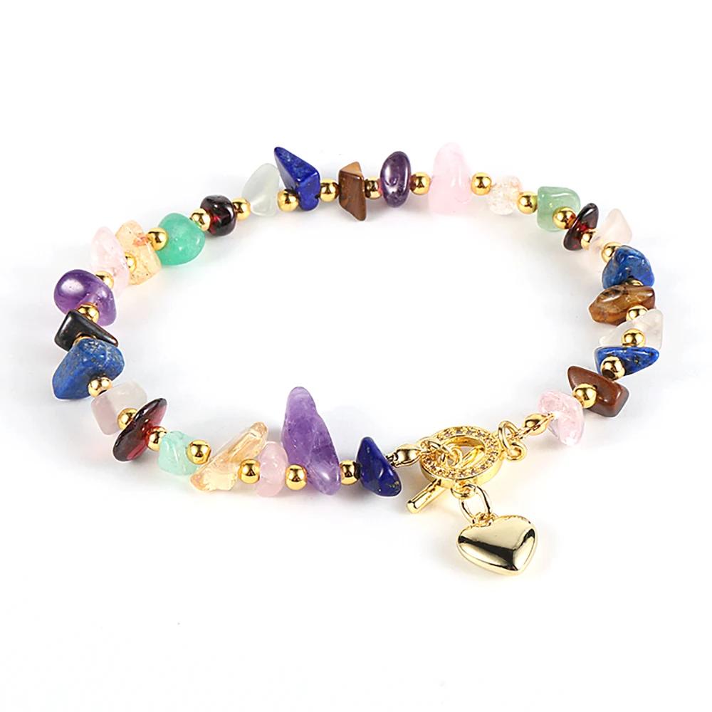 

Rainbow Gemstone Bracelet For Women Girls Colorful Natural Chip Gravel Stone Beaded 18K Gold Plated Heart Charm Pulseras Mujer