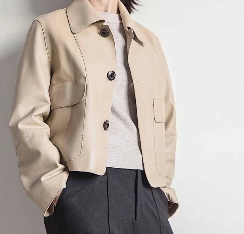 

Новинка 2023, куртка из натуральной кожи, женское весеннее пальто из натуральной овчины, женское короткое кожаное пальто в Корейском стиле