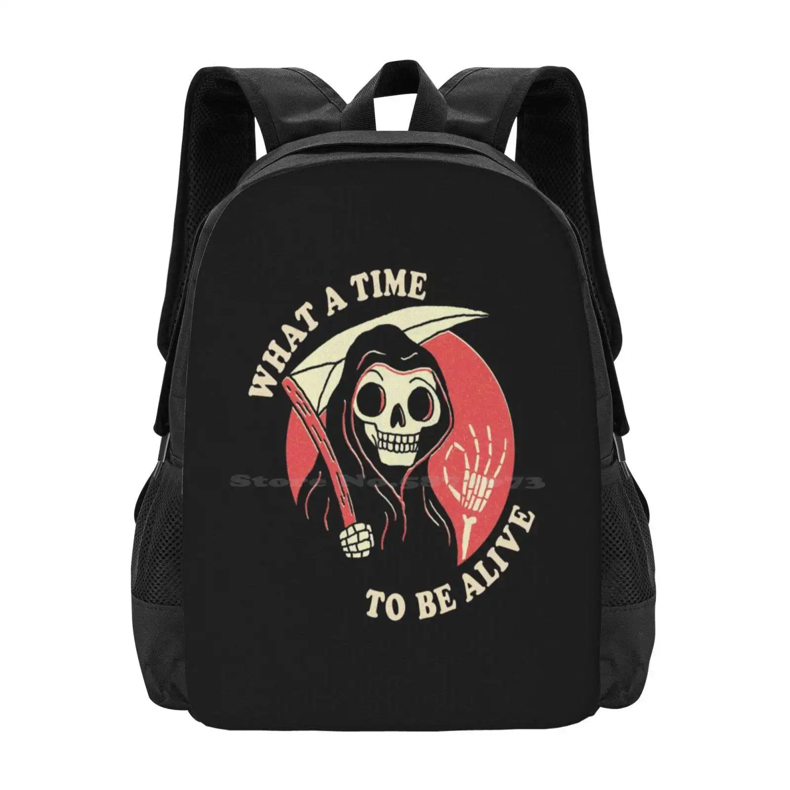 

What A Time To Be Alive Teen College Student Backpack Pattern Design Bags Death Grim Reaper Occult Retro Vintage Funny Humor