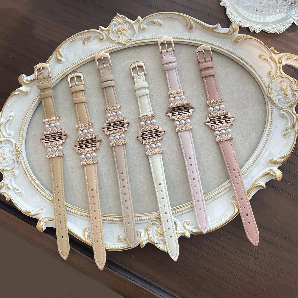 Luxury Leather Bracelet For Apple Watch Strap 41 45mm 38 42 44mm 40 Pearl Decorate Women Wrist For iWatch Series  8 7 6 5 4 3 SE