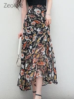zeolore 2022 summer womens floral printed a line chiffon midi length skirt blackdress elegant high waist skirt qt1781