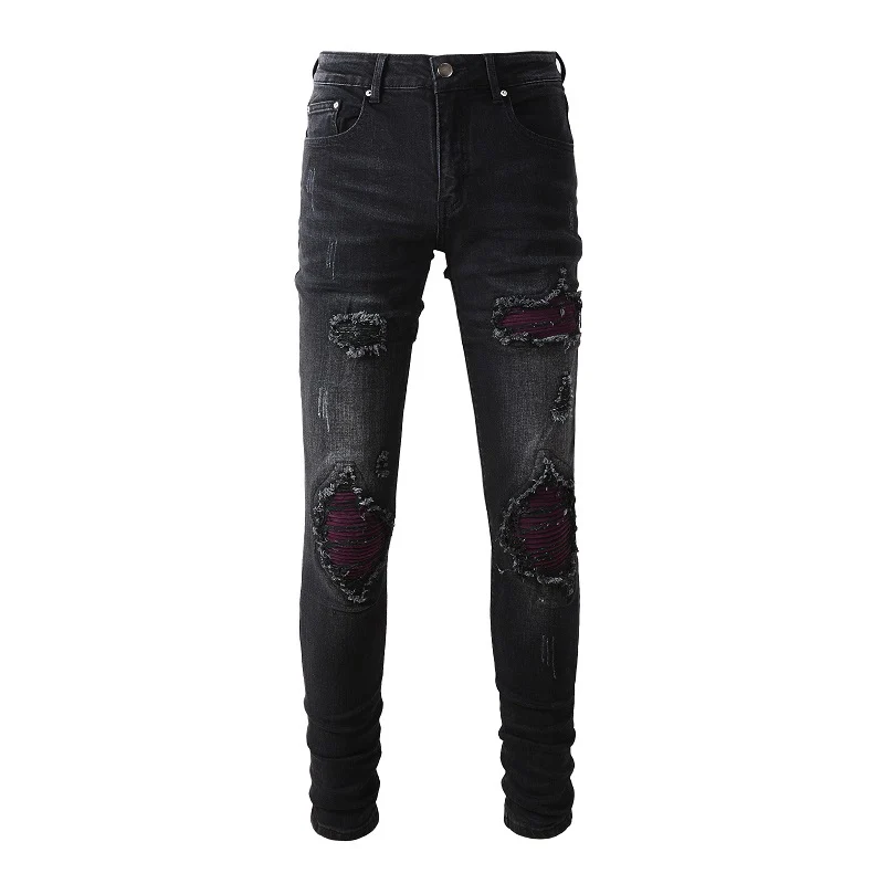 

AM 2023 New Arrival Distressed Mens Black Slim Fit Holes Ribs Patchwork Stretch Skinny Denim Jeans