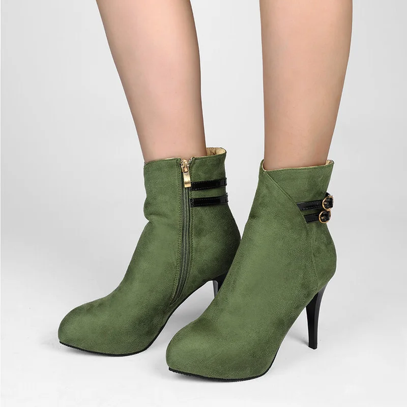 

NEW Round Toe Mature Sexy Ladies Ankle Booties Zip Up White Army Green Women Thin High Heels Stiletto for Wide Width Boots 2022