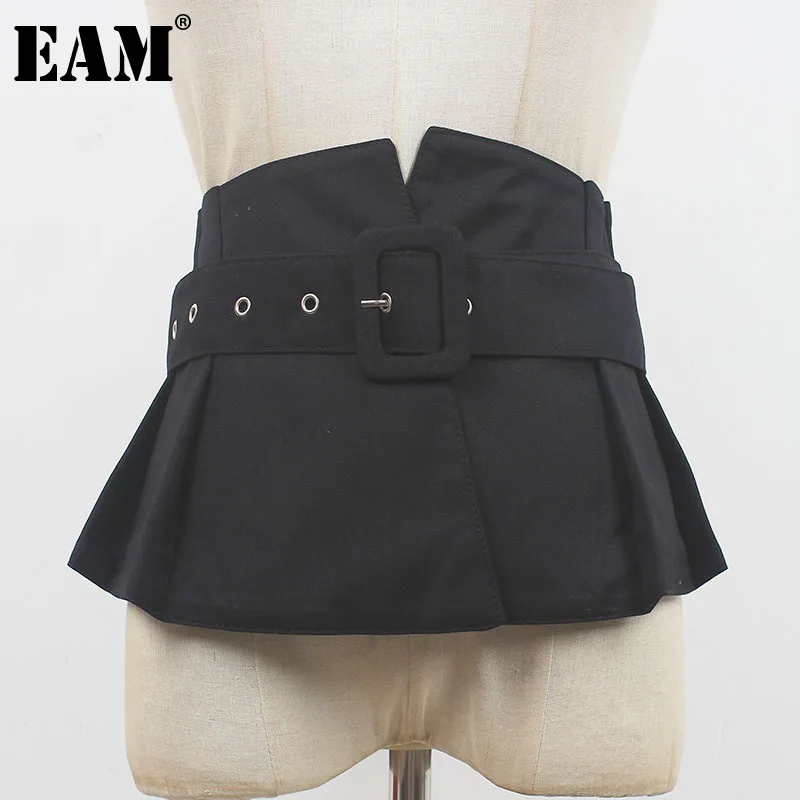 [EAM] Irregular Black Buckle Long Wide Belt Personality Women New Casual Fashion Tide All-match Spring Autumn 2023 1DF9039