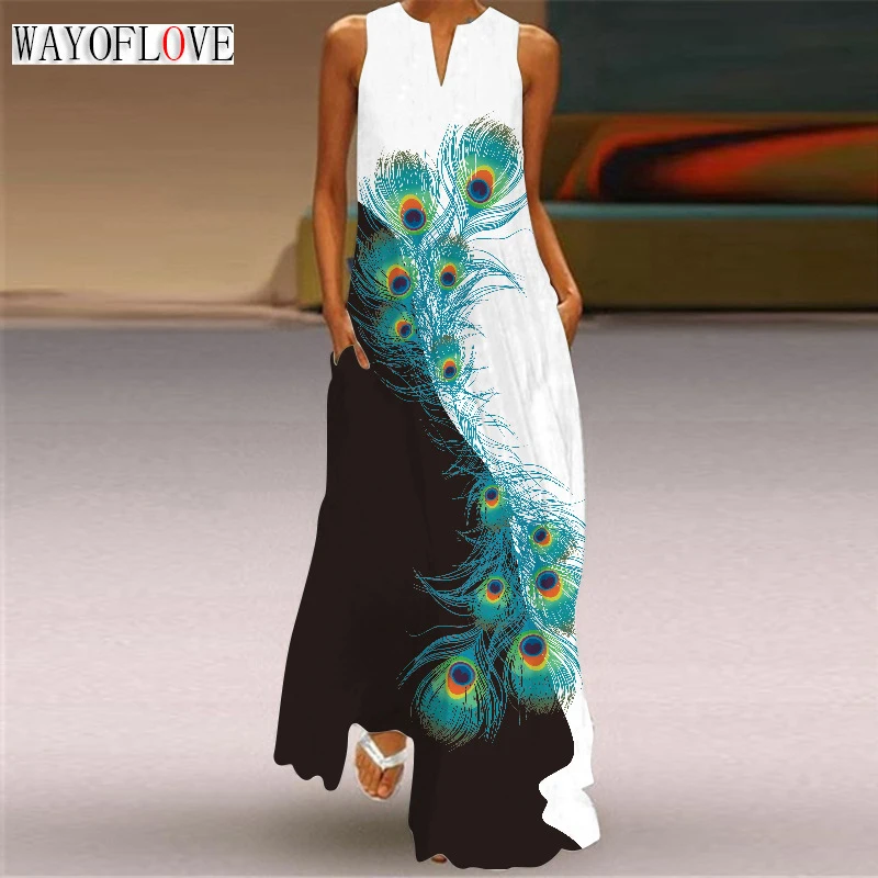 

WAYOFLOVE Lady Spring Summer Long Dress White Sleeveless Feather Print Elegant Dresses For Women 2023 Casual Beach Women's Dress