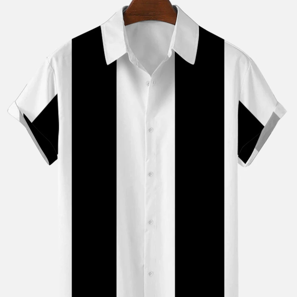 3D digital print Men's shirt black and white stripes high-quality simple casual beach Hawaiian shirt color block button down shi