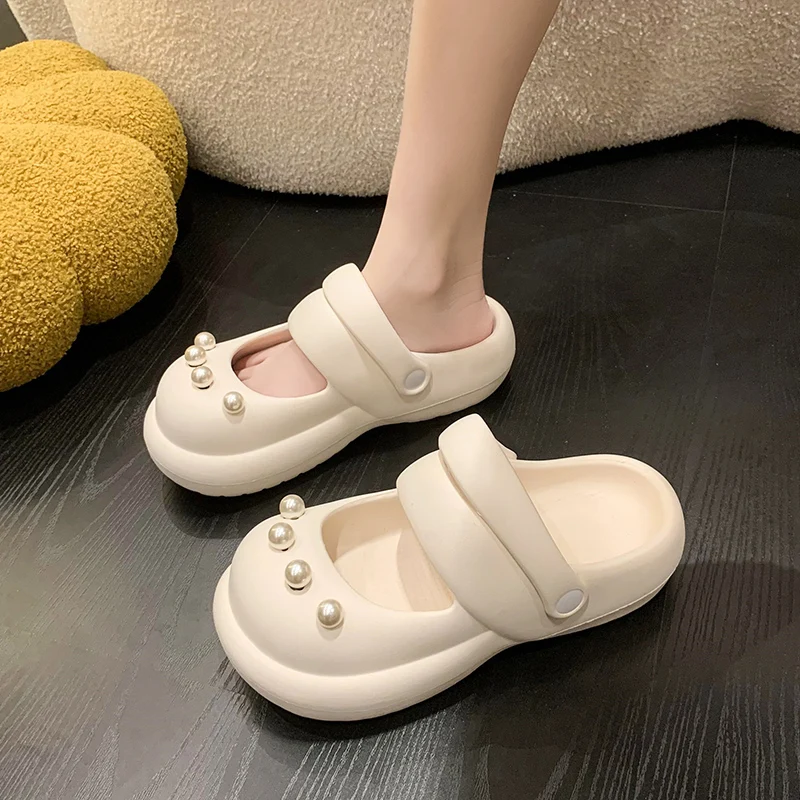 

Туфли женские на плоской подошве, повседневные Шлепанцы из искусственной кожи, на ремешке, с бусинами, каблук-ремешок, сланцы, платформа, роскошные модные базовые, Мэри Джейн, лето