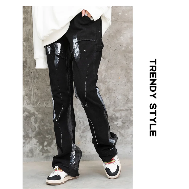 Streetwear Men 2022 New Speckle Graffiti Splicing Casual Jeans Personality Sense of Design Drawstring Trousers Autumn Female