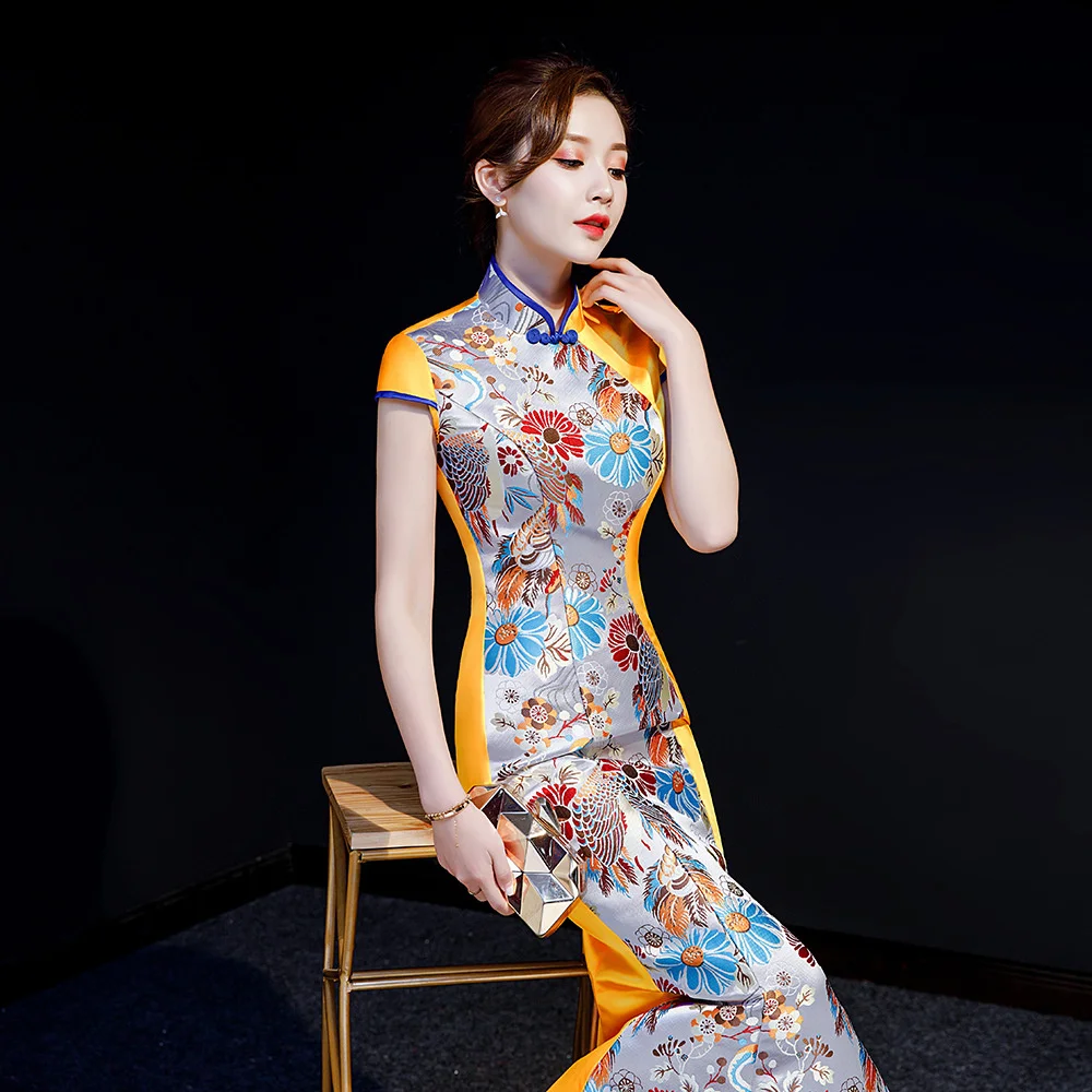 Sheng Coco Fishtail Cheongsam Evening Dress Chinese Embroidery Yellow Modified Cheongsam Walking Show Team Performance Dress