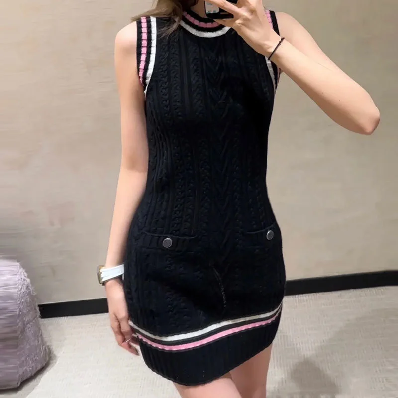 

100%Wool Black Vest Dress Fashion 23New Runway Rpund Neck Sleeveless Slimming Bag Hip Dresses Women High Quality Clothes Girls