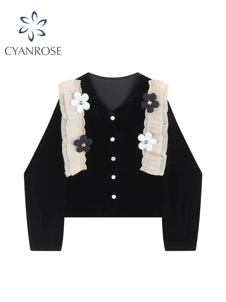 

Vintage V Neck Ruffl Elegant Fashion Velvet Blouse Women Shirt Single Breasted Button Black Loose Long Sleeve Floral T-Shirt New