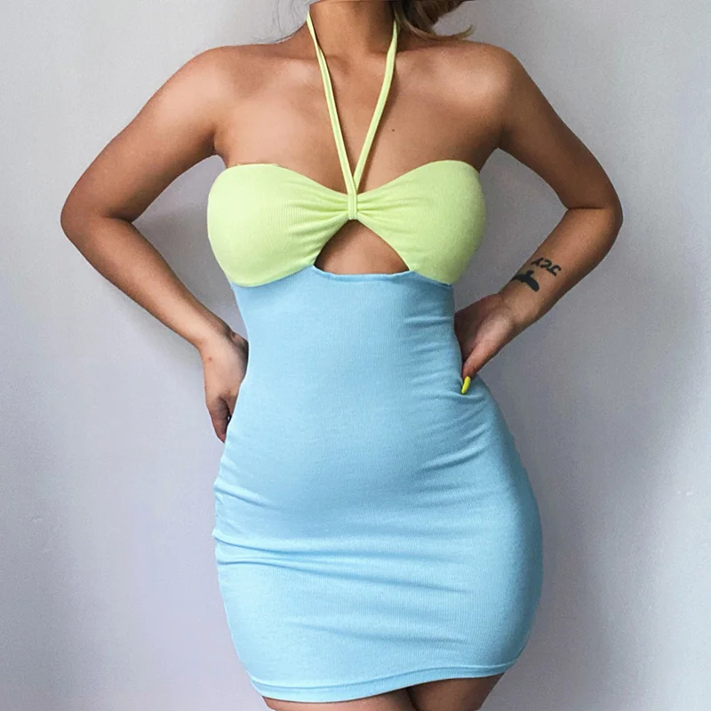 

Zoctuo Sleeveless Women's Spaghetti Sundresses Slim Elastic Patchwork Mini Sexy Party Mini Dress Women Party Dresses New 2021