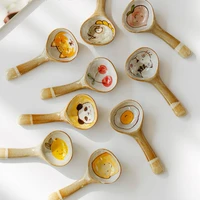japanese style coarse pottery spoon cute baby ceramic short handle rice spoon cartoon printed childrens spoon coffee spoonzb472