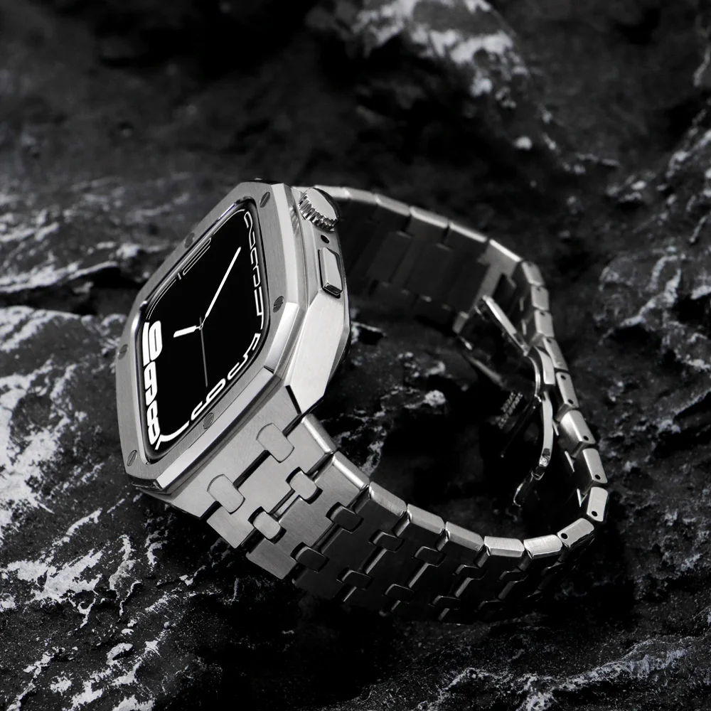 Luxury Metal Modification Kit For Apple Watch 8 7 6 5 4 SE Stainless Steel Band For Iwatch Series 44mm 45mm Rubber Sports Strap