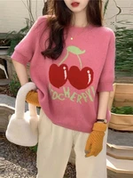 deeptown korean fashion knitted sweater women sweet cherry jacquard pink top cute loose casual jumper thin pullover preppy style