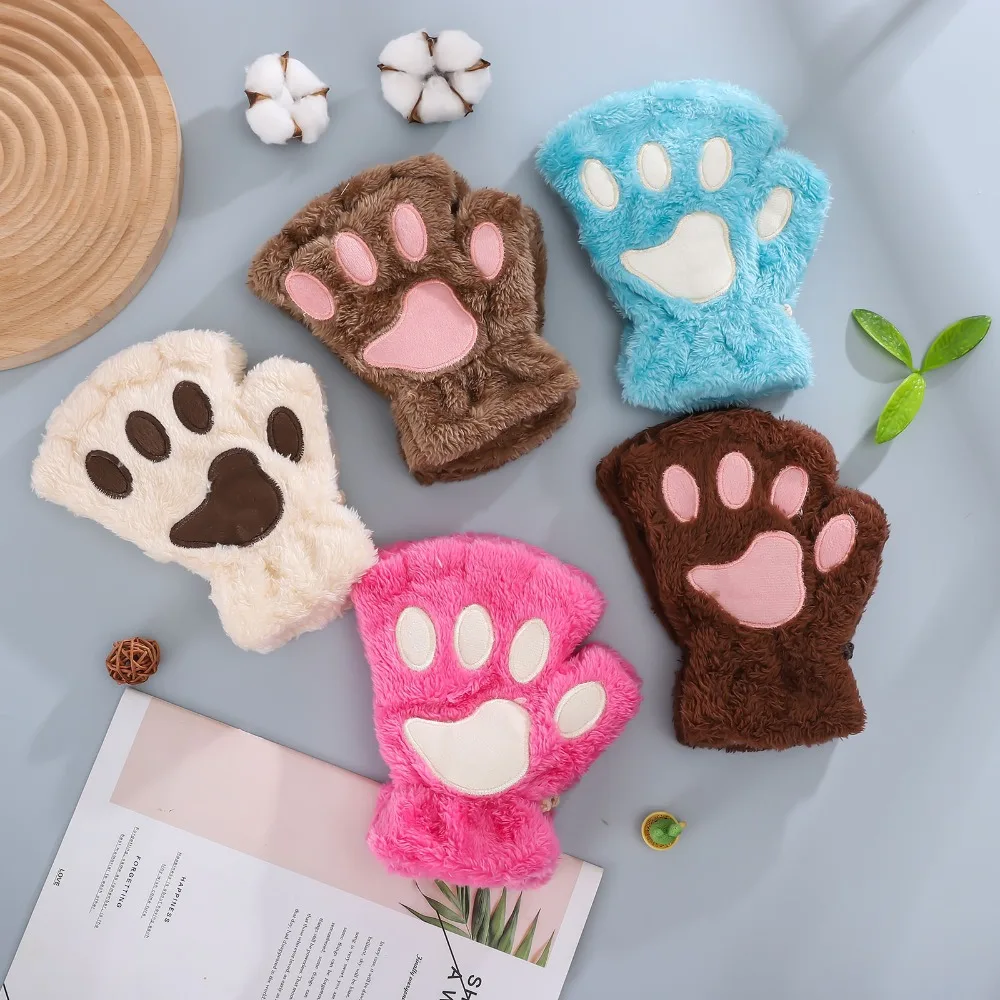 

Kawaii Women Cat Paw Fluffy Claw Fingerless Gloves Warm Soft Plush Fingerless Panda Fashion Winter Children Half Finger Gloves