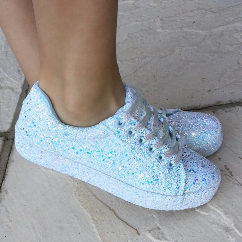 2023 Women Lace Up Sneakers Glitter Autumn Flat Vulcanized Ladies Bling Casual Female Fashion Platform Fashion Flat Shoes New
